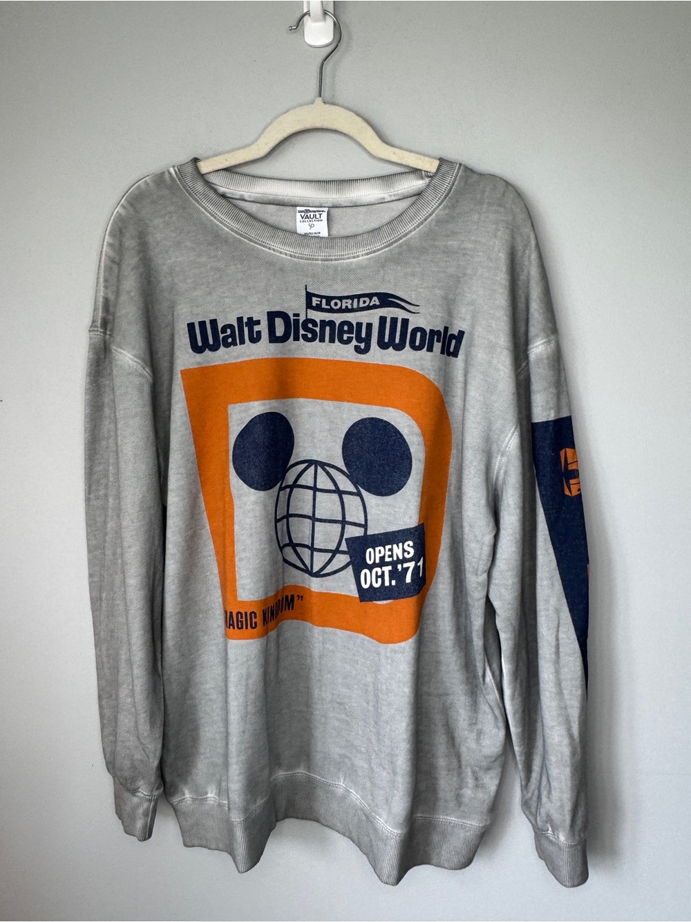 Disney Men’s Crewneck Sweatshirt in Gray with Orange & Navy Graphic